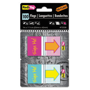 Pop-Up Fab Flags W/ Dispenser, ""Sign Me!"", Magenta/Orange; Teal/Yellow, 100/Pack