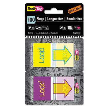Pop-Up Fab Flags W/ Dispenser, ""Look!"", Purple/Yellow; Yellow/Teal, 100/Pack