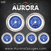6 Gauge Set -  SAE Iron Cross Blue , White Modern Needles, Chrome Trim Rings ~ Style Kit Installed