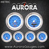 6 Gauge Set with emblem -  Metric Pinstripe Blue , White Vintage Needles, Chrome Trim Rings ~ Style Kit Installed