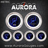 6 Gauge Set with emblem -  Metric Ghost Flame Black Blue Flame, Blue Modern Needles, Chrome Trim Rings ~ Style Kit Installed