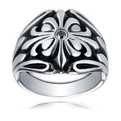 Fancy Cobalt Wedding Band W/ Black Diamond Accents - Floral Cross Design 9mm