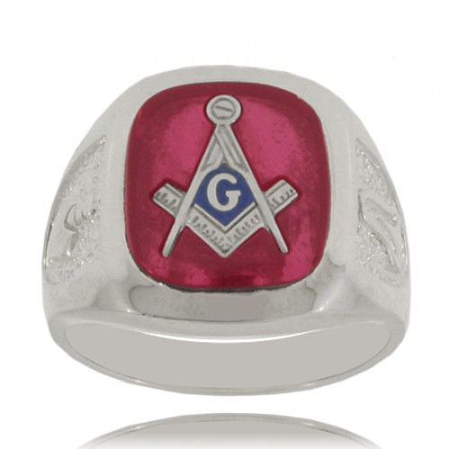 Red Masonic Ring with Signet in Fine Sterling Silver