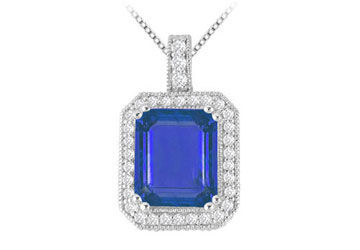 14K White Gold Pendant with Emerald Cut Sapphire and Cubic Zirconia 9.35 Carat TGW