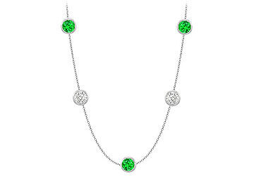 Station Necklace of Emerald with Cubic Zirconia fifty Carat TGW in 14K White Gold One Yard Lengt