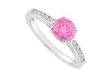 Rhodium Treated Sterling Silver Engagement Ring with Pink Sapphire and Cubic Zirconia 0.75 Carat