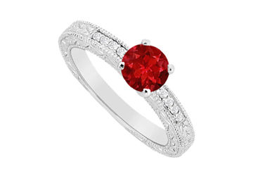 Engagement Ring with Diamond Brilliant Cut and Natural Ruby in 14K White Gold 0.60 Carat TGW