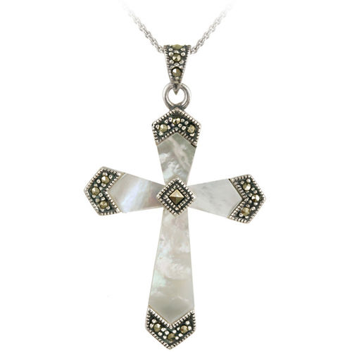 Sterling Silver Mother of Pearl &amp; Marcasite Cross Pendant