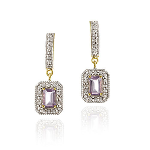 18K Gold over Sterling Silver Amethyst &amp; Diamond Accent Rectangular Dangle Earrings