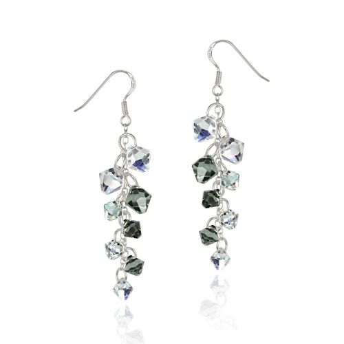 Sterling Silver Aurora Borealis &amp; Grey Swarovski Crystal Cluster Dangle Earrings