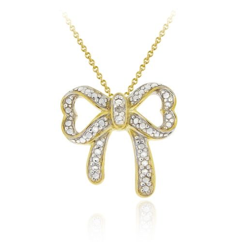 18K Gold over Sterling Silver Diamond Accent Bow Pendant