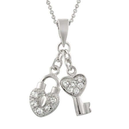 Sterling Silver Heart Lock &amp; Key CZ Pendant