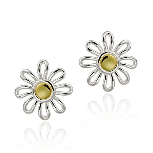 Sterling Silver &amp; Gold Overlay Two Tone Daisy Flower Earrings