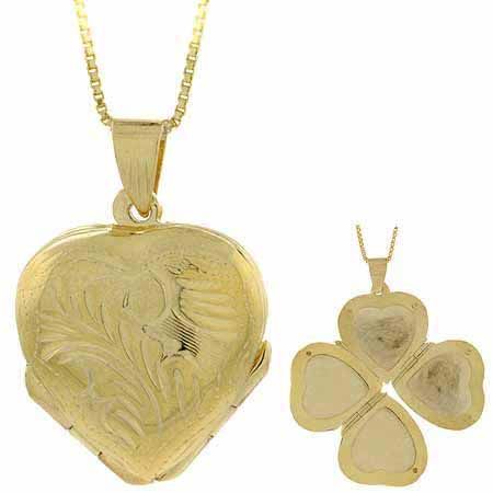 18K Gold over Sterling Silver Etched Flower Heart 4-Way Locket Pendant