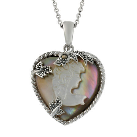 Sterling Silver Brown Shell &amp; Marcasite Woman Cameo Pendant