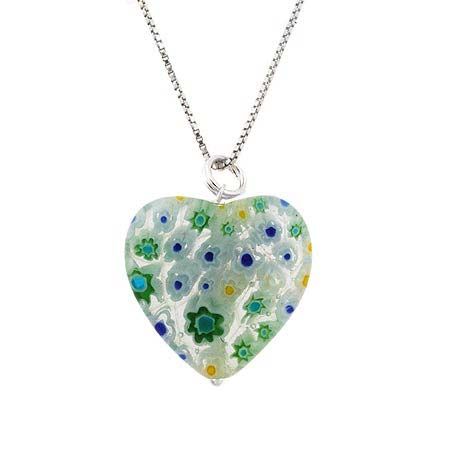 Summer Murano Glass Sterling Silver Bead Spring Green Millefiori Flower Heart Pendant