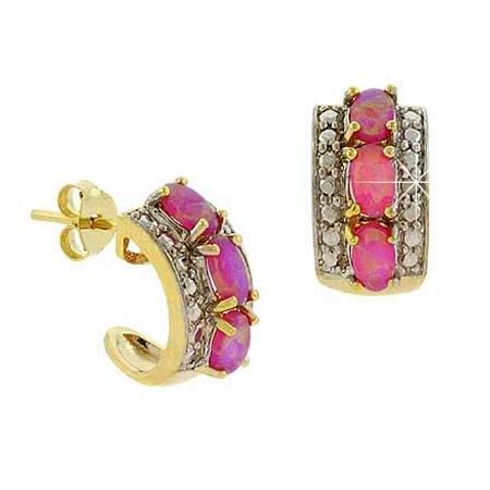 18K Gold over Stelring Silver Created Pink Opal &amp; Diamond Accent Oval Half Hoop Earrings