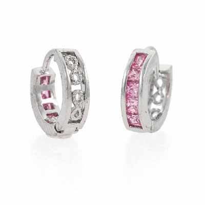 Sterling Silver Pink cubic zirconia mini Filigree Hoop Earrings