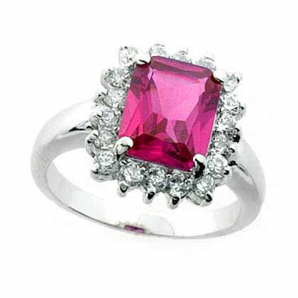 Sterling Silver Rectangle Lab Created Pink Sapphire and Simulated Diamond CZ Ring