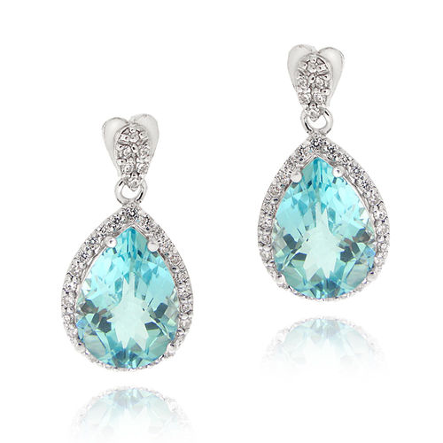 Sterling Silver 7.4ct Blue Topaz &amp; CZ Teardrop Dangle Earrings
