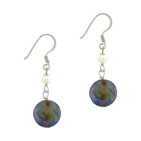 Sterling Silver .925 Iridescent Genuine Freshwater Cultured Black &amp; White Coin Pearl Round Dangle Hook Earrings