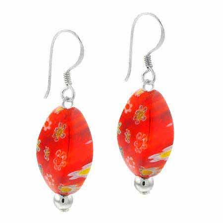 Sterling Silver Orange Murano Glass Oval Bead Millefiori Earrings