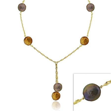 Vermeil (24k Gold over Sterling Silver) Iridescent Genuine Champagne &amp; Green Round Freshwater Cultured Coin Pearl Dangle Graduated Twist D-cut Cha