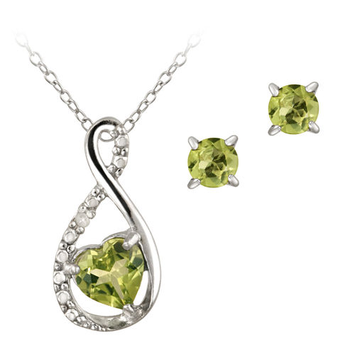 Sterling Silver Peridot &amp; Diamond Accent Swirl Heart Necklace and Earrings Set
