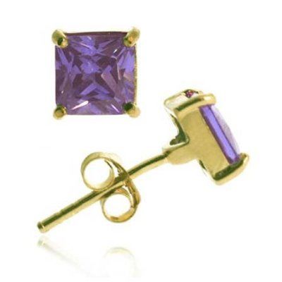 18k Gold over Silver Purple CZ 5mm Square Stud Earrings