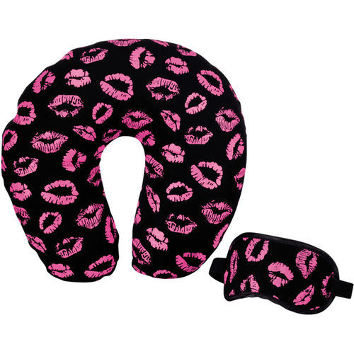 Black and Pink Lip Printed Neck Rest and Eye Mask Set