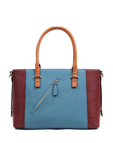 LG Color-blocking Zip Decoration Tote Handbag-lake blue& Claret