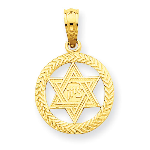 14k Yellow Gold Star of David Encased in Circle Religious Pendant