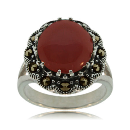 Oval Red Coral Ring W/ Marcasite Sterling Silver Ladies