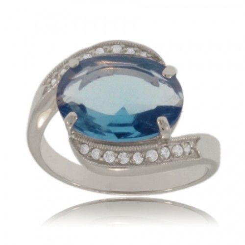 Blue & White Cz Ring Sterling Silver Oval Bypass Band