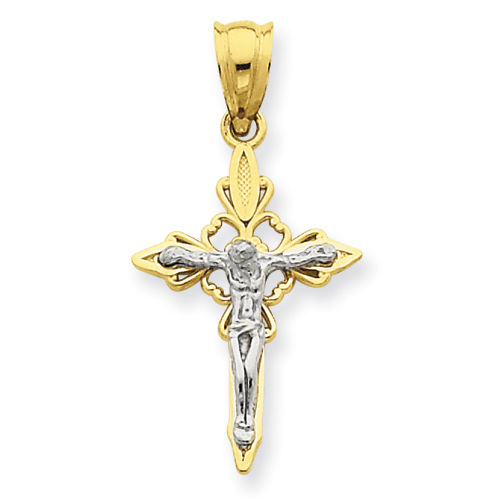 14k Rhodium Plated Yellow Gold Intricate Two-Tone Crucifix Cross Charm