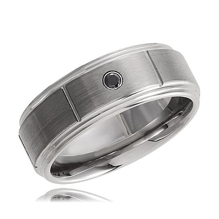 Tungsten Ridged Black Diamond Adorned Men'S Ring