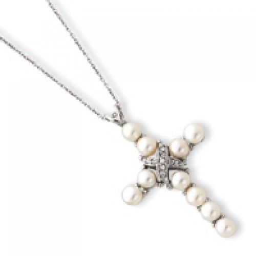 Cross Pendant Necklace - Pearl & Cubic Zirconia Fixed in Sterling Silver