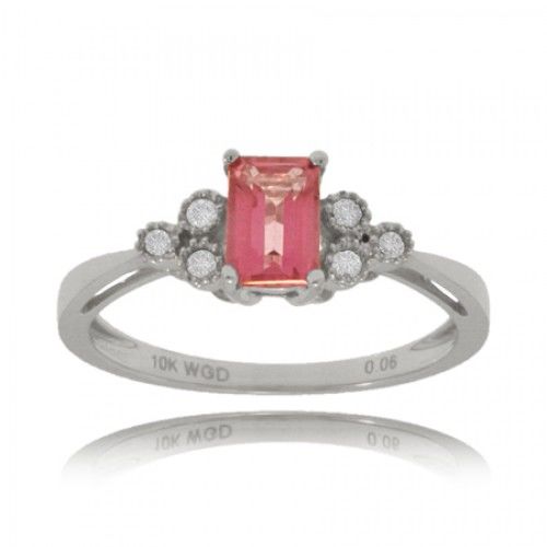 Pink Topaz Ring 10k White Gold - Diamond Pyramid Accent