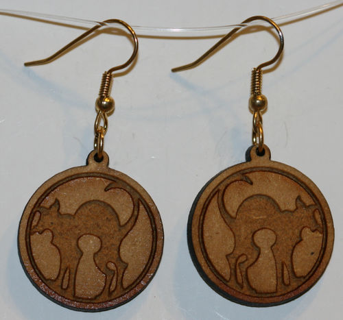 Cat with round frame earrings with 1 inch wooden beads- gold plated