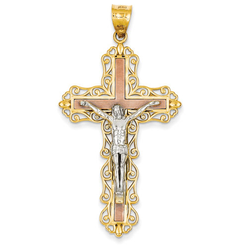 14k Tri Color Gold Textured Tri-Color Crucifix Cross Pendant