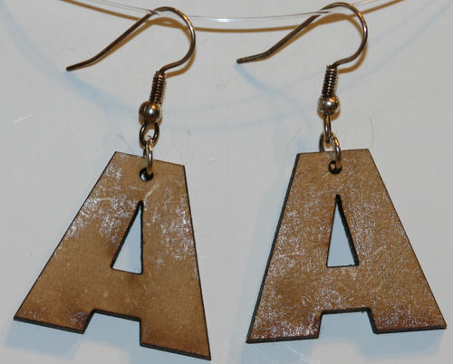Letter A earrings with 1 inch wooden beads- silver plated
