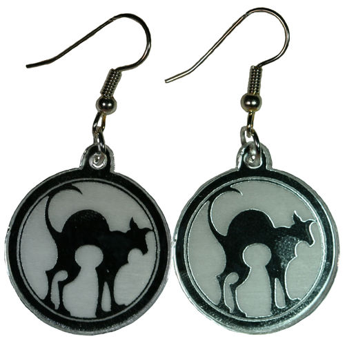 Cat facing right with round frame earrings with 1 inch acrylic beads- silver plated