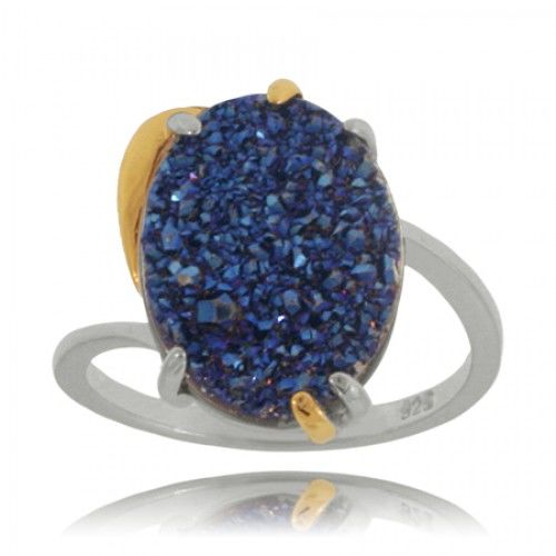 Sterling Silver Starry Night Blue Drusy Ring with Yellow Toned Accent