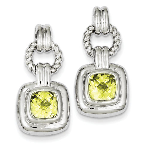 Green Cushion Shape Cubic Zirconia Earrings in Sterling Silver - Friction Back