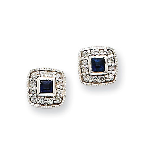 14kt White Gold Square Shape Blue Sapphire & Diamond Earrings - Friction Backs