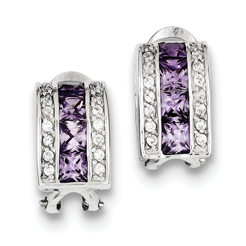 Violet Square Shape Cubic Zirconia Earrings in Sterling Silver - Omega Back