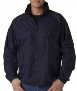 UltraClub Adult Hooded Zip-Front Pack-Away Jacket, True Navy, 4XL
