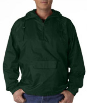 UltraClub Adult 1/4-Zip Hooded Pullover Pack-Away Jacket, Forest Green, L