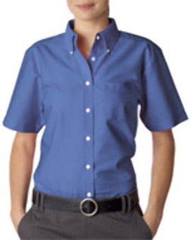 UltraClub Ladies' Classic Wrinkle-Free Short-Sleeve Oxford, French Blue, L