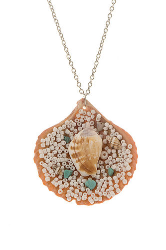 LARGE SEA SHELL SEED BEAD PENDANT NECKLACE W/ SHELL EARRINGS - CASE OF 12